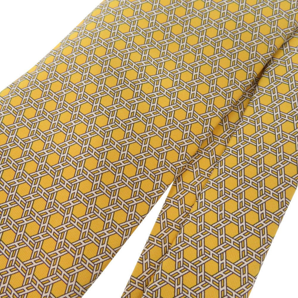 Hermes Tie Silk Yellow All-Over H Logo Chene Dunkle Mens