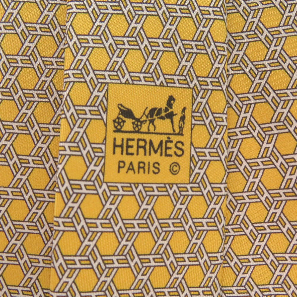 Hermes Tie Silk Yellow All-Over H Logo Chene Dunkle Mens