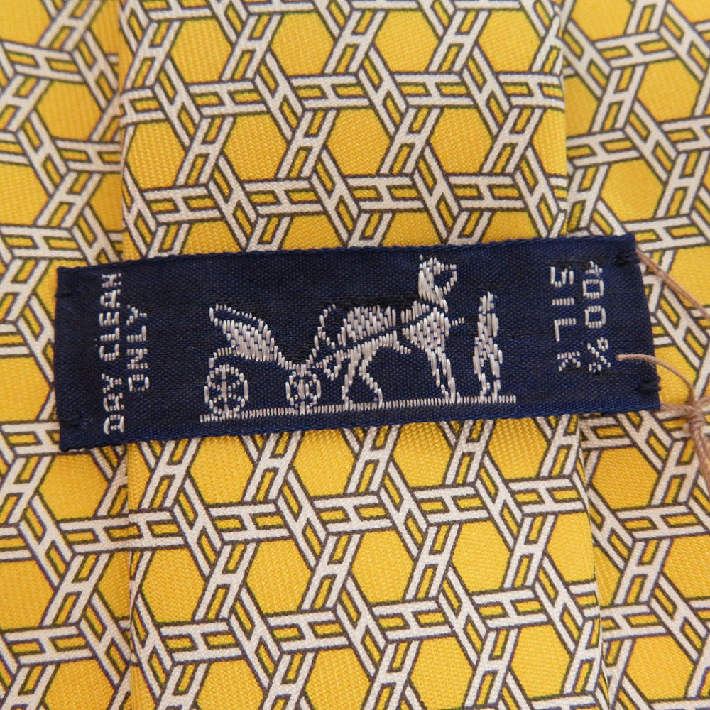 Hermes Tie Silk Yellow All-Over H Logo Chene Dunkle Mens