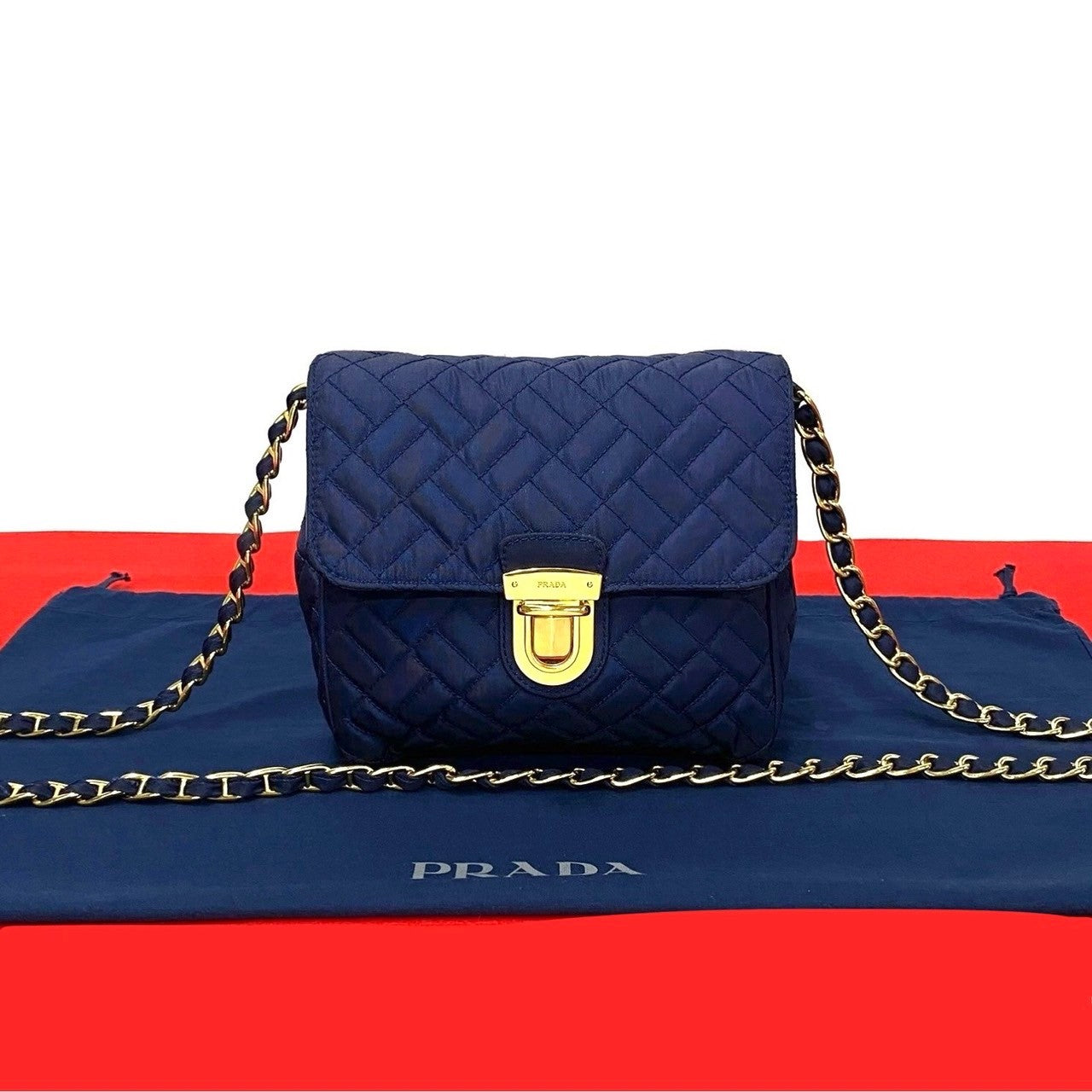 Prada Shoulder Bag Nylon Navy Prada Logo Metal Women