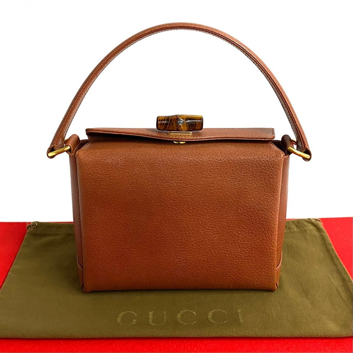 Gucci Handbag Leather Brown Turn Lock Bamboo Women