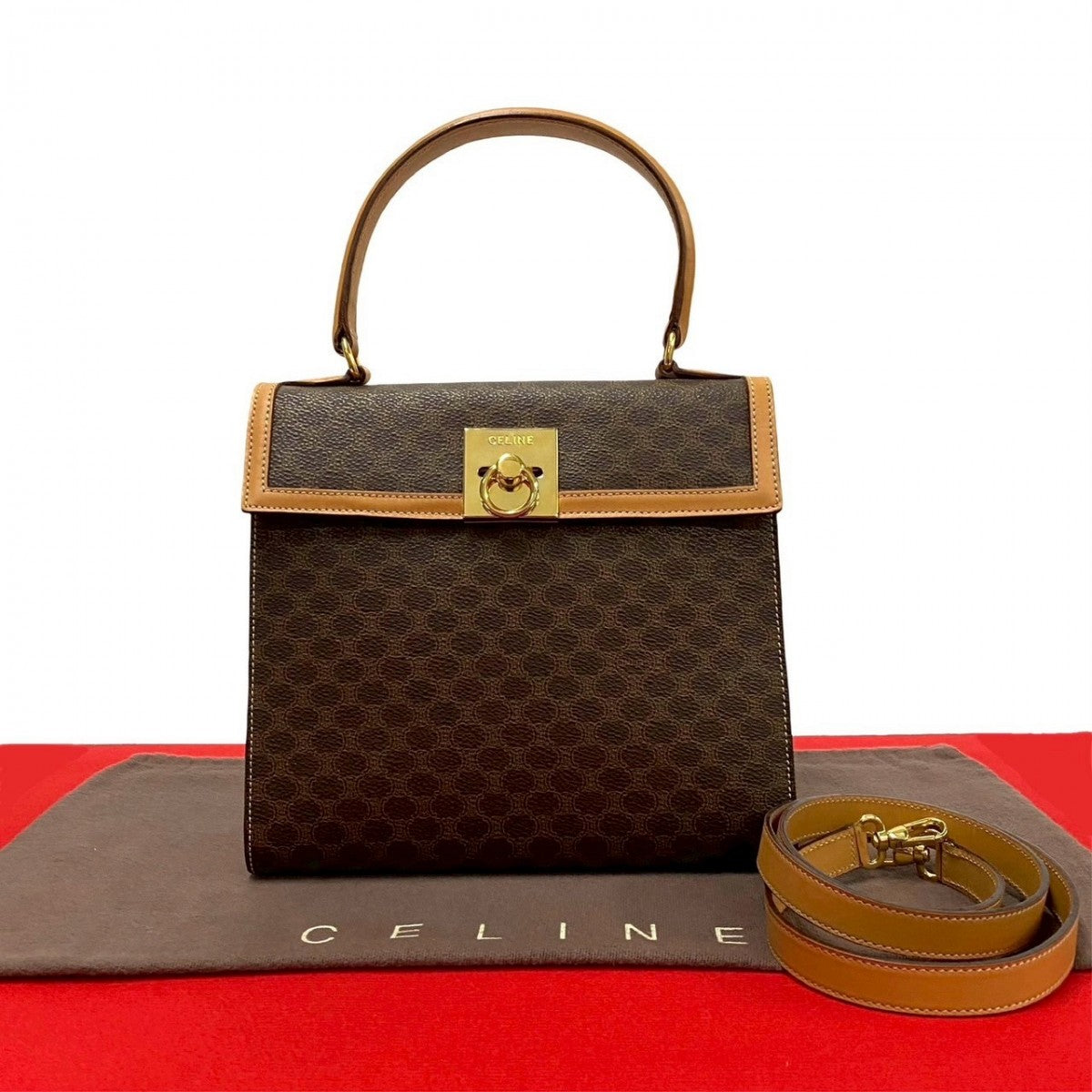 Celine Shoulder Bag Leather, Pvc Brown Macadam Blason Pattern Logo Ring Metal Women