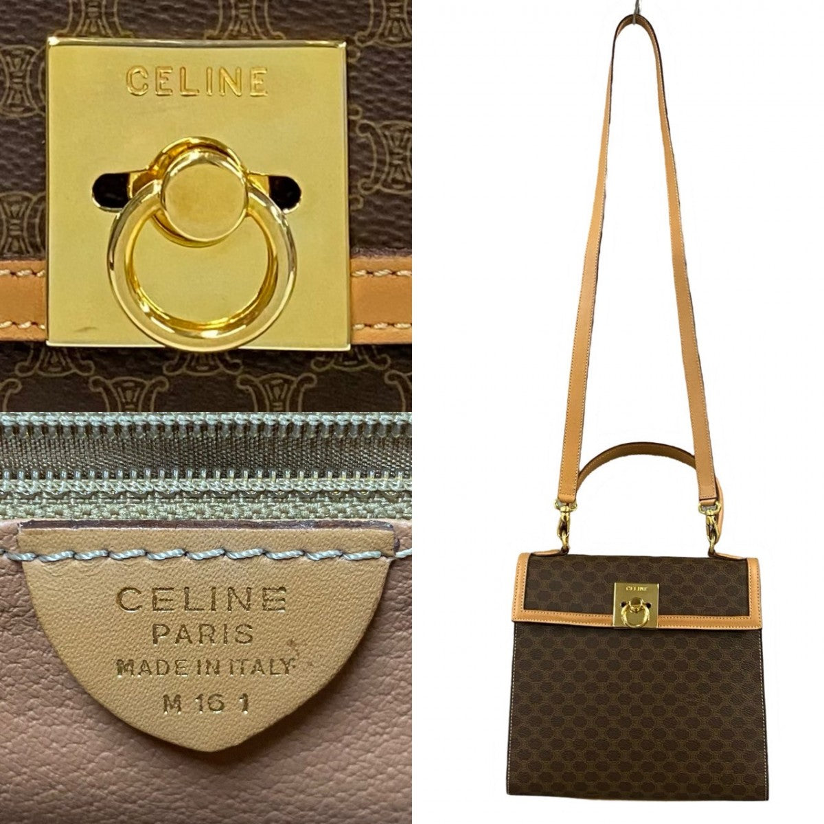 Celine Shoulder Bag Leather, Pvc Brown Macadam Blason Pattern Logo Ring Metal Women