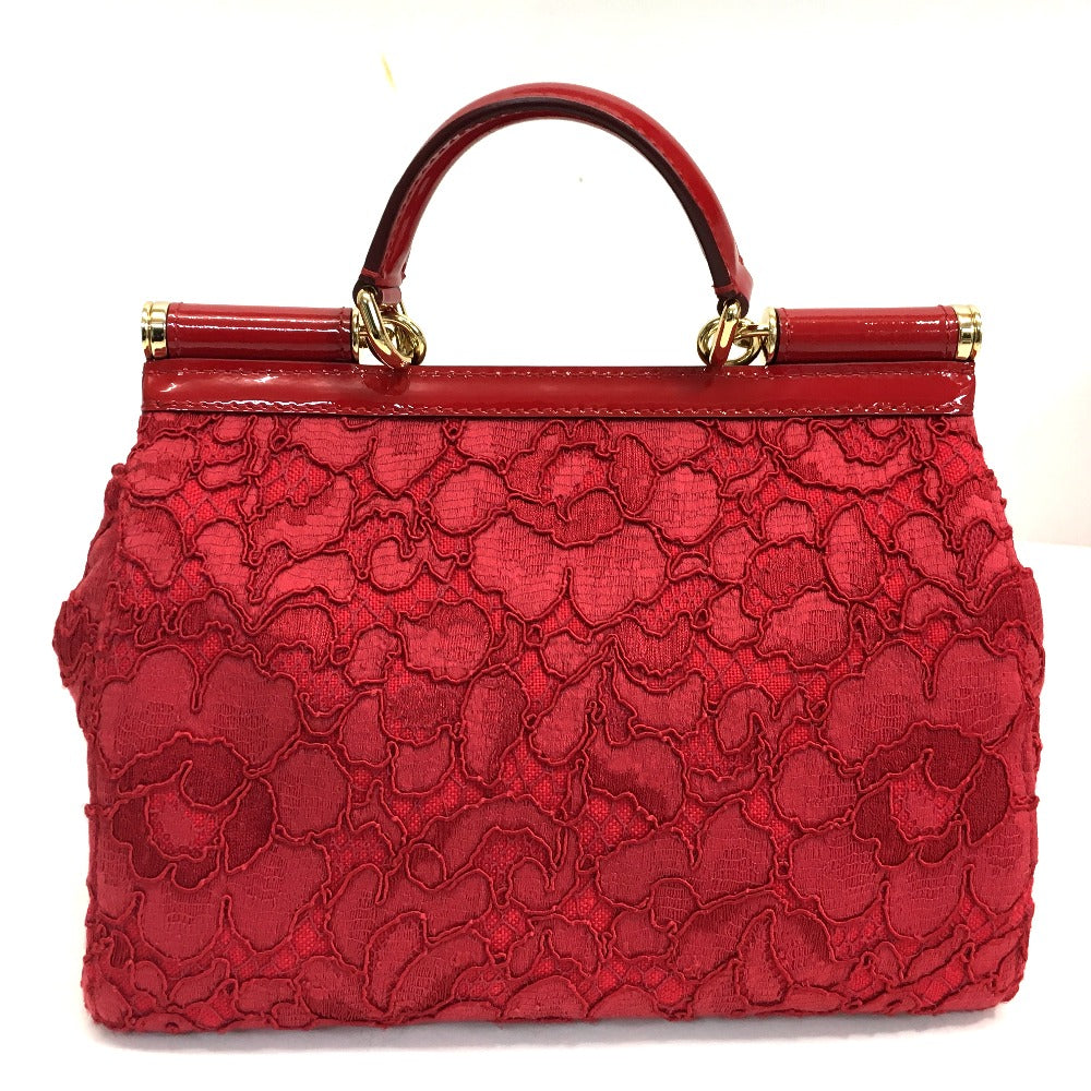 Dolce&Gabbana Shoulder Bag Cotton / Patent Leather Red Sicily With Logo Flower Pattern Embroidery