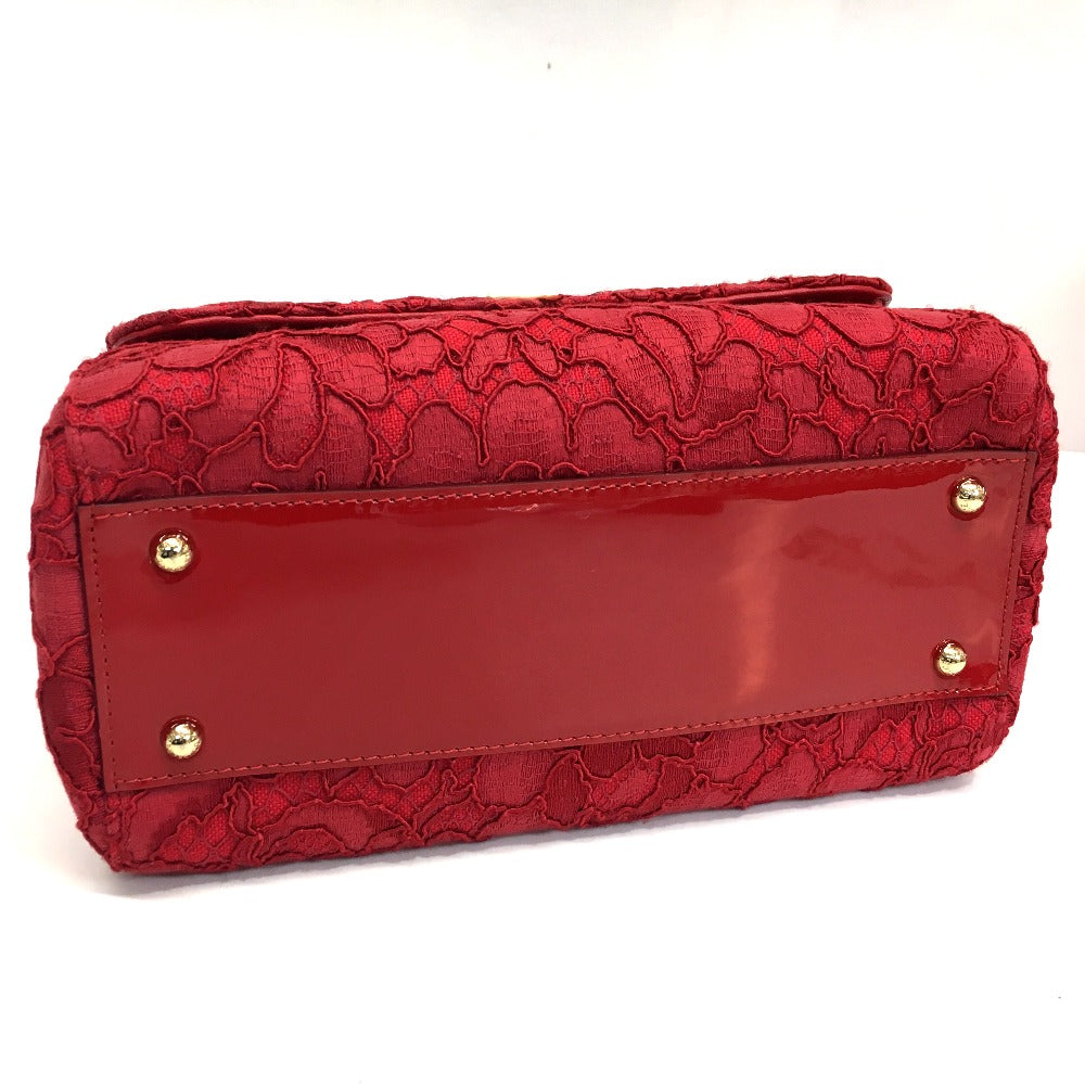Dolce&Gabbana Shoulder Bag Cotton / Patent Leather Red Sicily With Logo Flower Pattern Embroidery