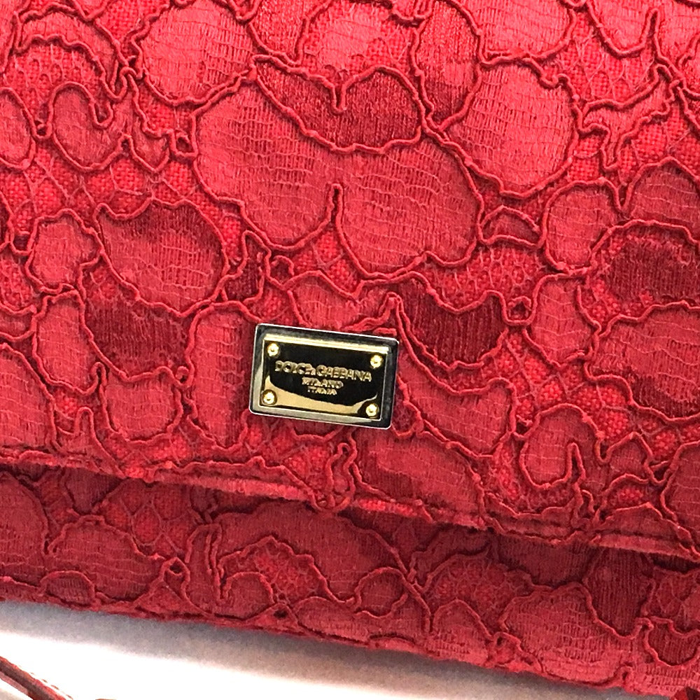 Dolce&Gabbana Shoulder Bag Cotton / Patent Leather Red Sicily With Logo Flower Pattern Embroidery