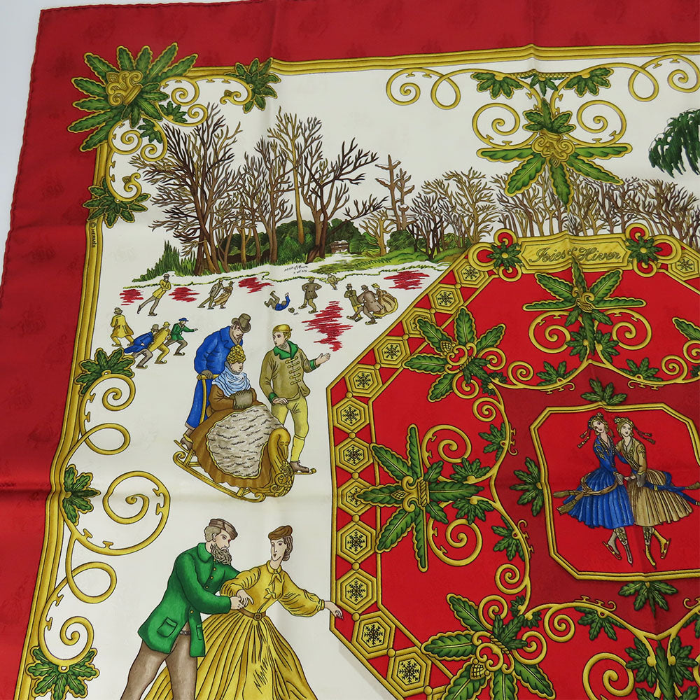 Hermes Scarf Silk Red Joies D'Hiver Carre90 Women