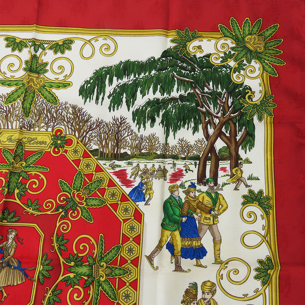 Hermes Scarf Silk Red Joies D'Hiver Carre90 Women
