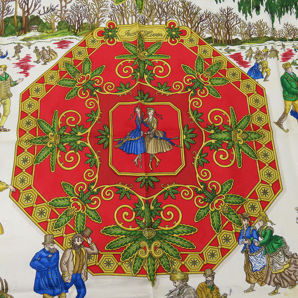 Hermes Scarf Silk Red Joies D'Hiver Carre90 Women