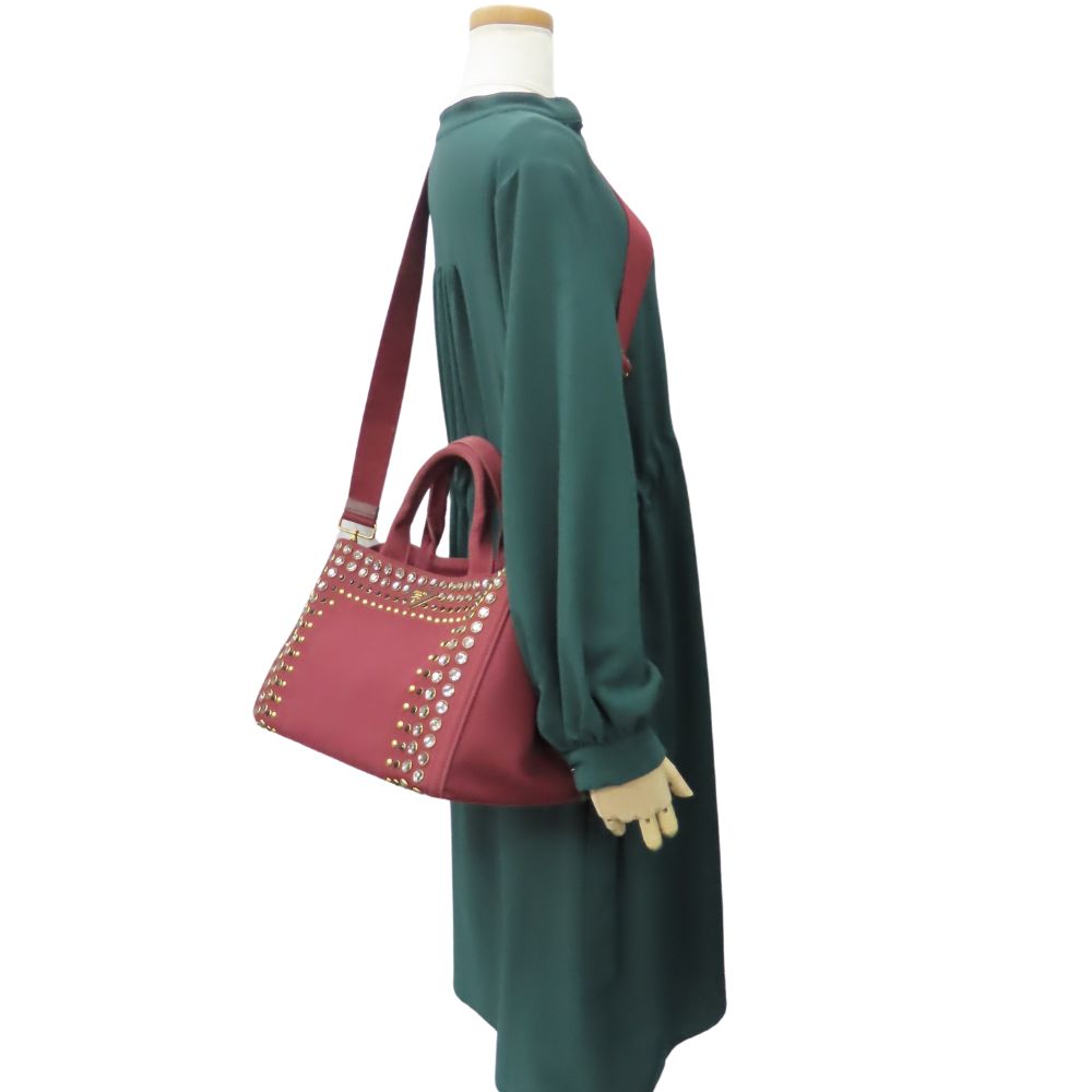 Prada Tote Bag B2642O Canvas Amarrant Studs Canapa Women