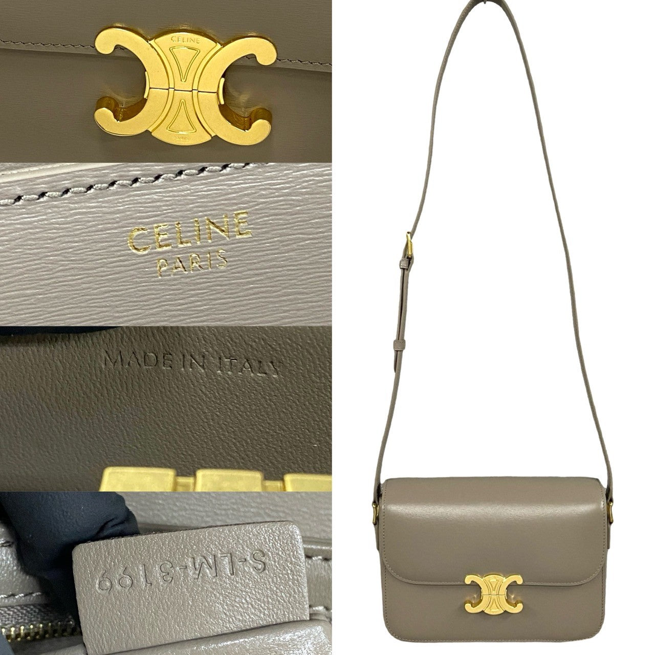 Celine Shoulder Bag Leather Gray Triomphe Logo Metal Classic Triomphe Women