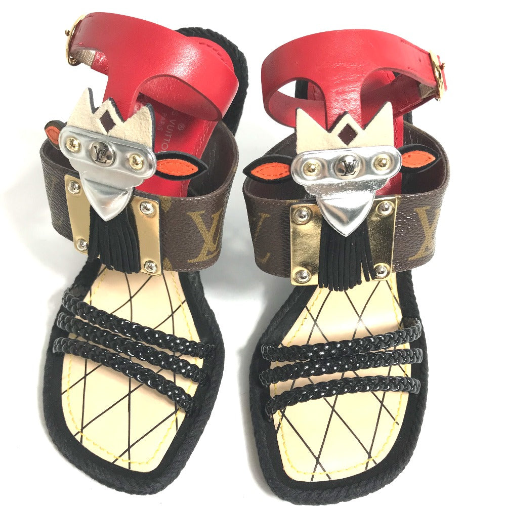 Louis Vuitton Sandals Leather Red Tribal Mask Collection Wedge Sole Monogram Women 35