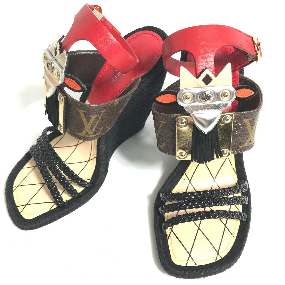 Louis Vuitton Sandals Leather Red Tribal Mask Collection Wedge Sole Monogram Women 35