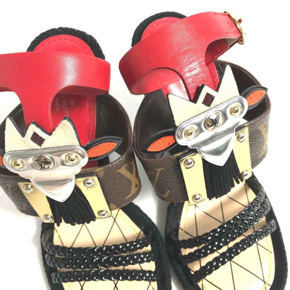 Louis Vuitton Sandals Leather Red Tribal Mask Collection Wedge Sole Monogram Women 35