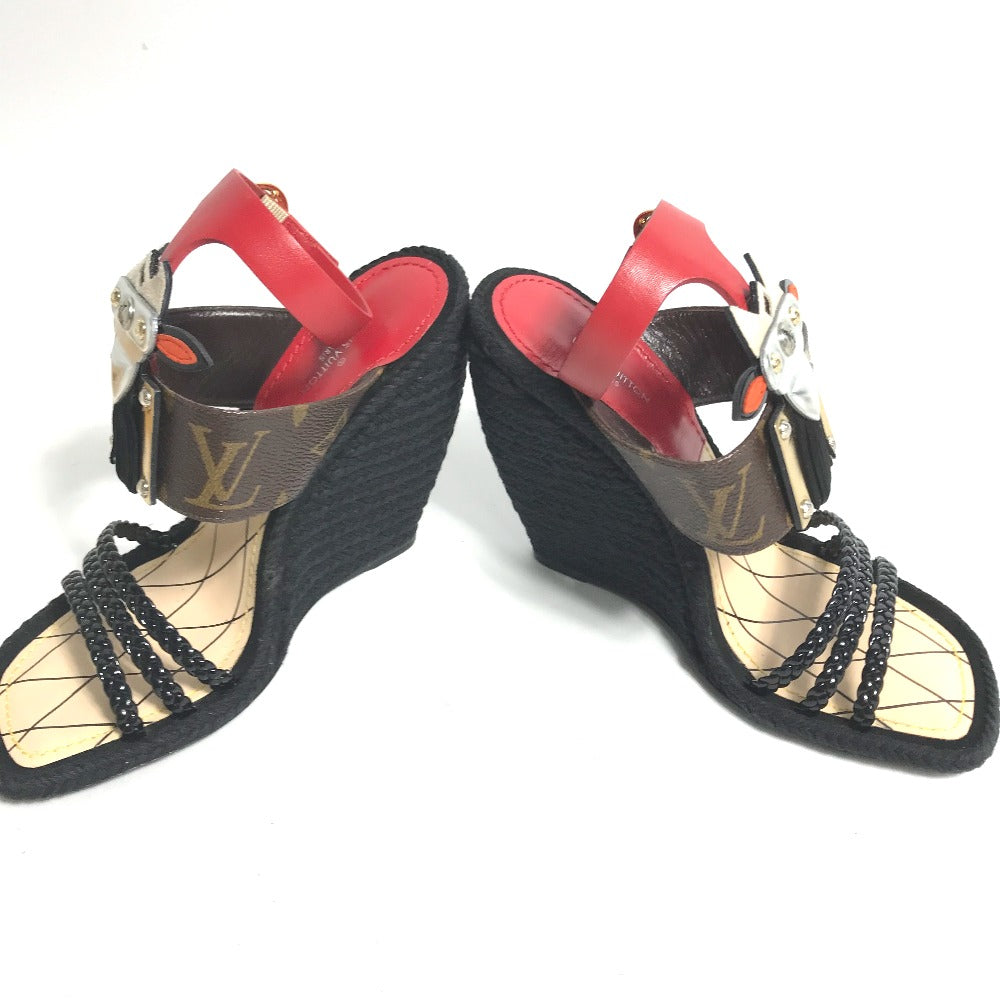 Louis Vuitton Sandals Leather Red Tribal Mask Collection Wedge Sole Monogram Women 35