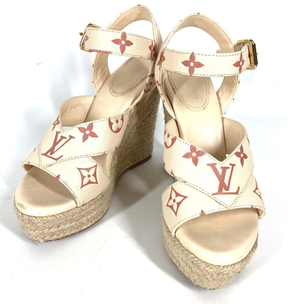Louis Vuitton Sandals Leather Beige Type Monogram Wedge Sole 34 1/2