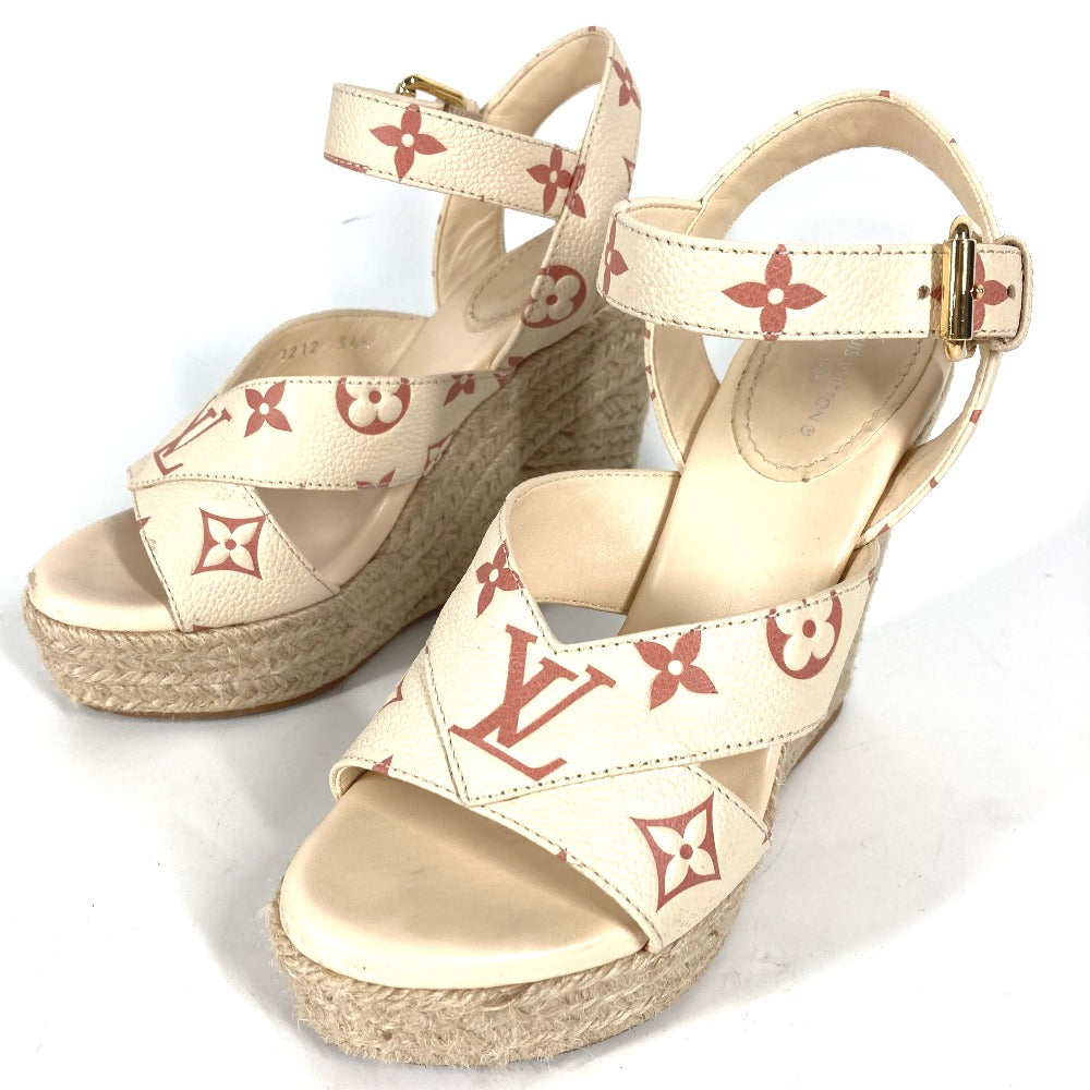 Louis Vuitton Sandals Leather Beige Type Monogram Wedge Sole 34 1/2