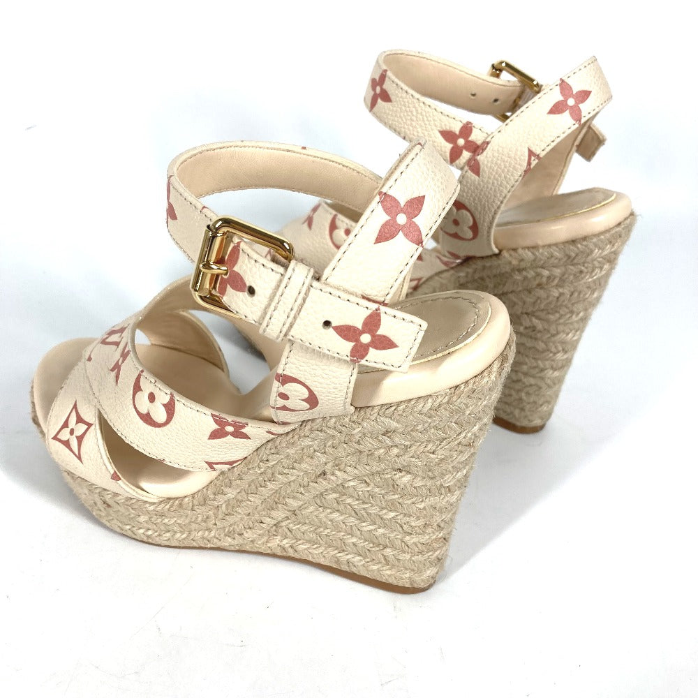 Louis Vuitton Sandals Leather Beige Type Monogram Wedge Sole 34 1/2