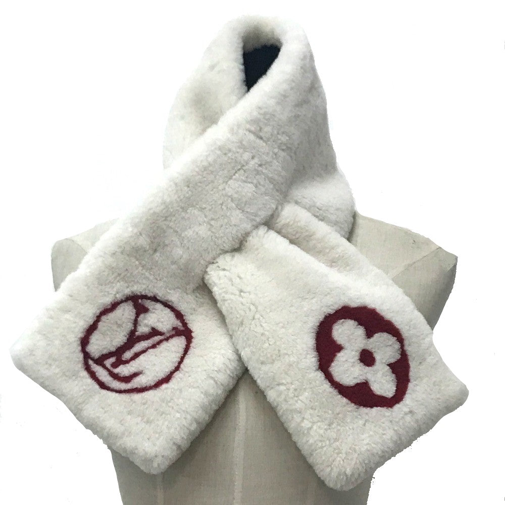 Louis Vuitton Scarf M70434 Cashmere, Mouton White X Red Monogram Flower Escharp Shirring Darling
