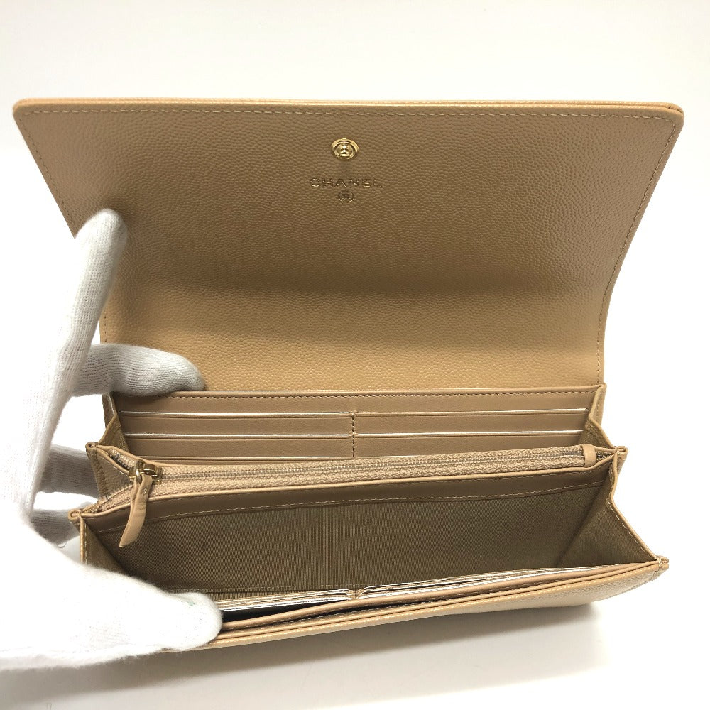 Chanel Long Wallet Purse Caviar Skin Beige Long Wallet Studs Logo Women Secondhand