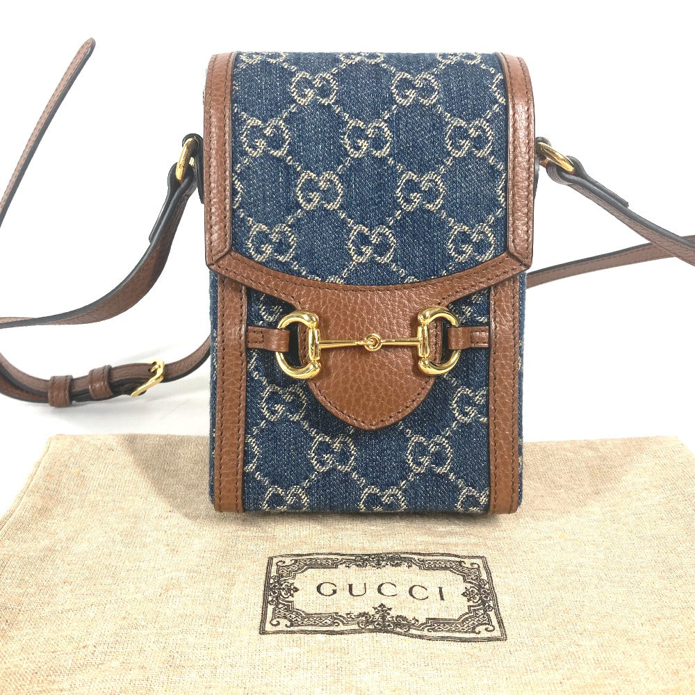 Gucci Shoulder Bag 625615 Denim, Leather Blue X Brown Gg Denim Horsebit 1955 Mini Bag Women