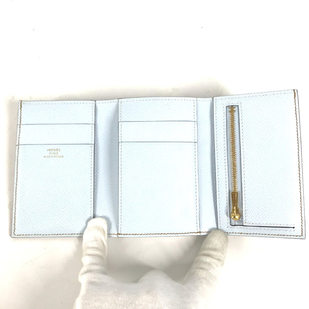 Hermes Trifold Wallet Epsom Brown X Light Blue H Logo Bicolor Bean Combine Women