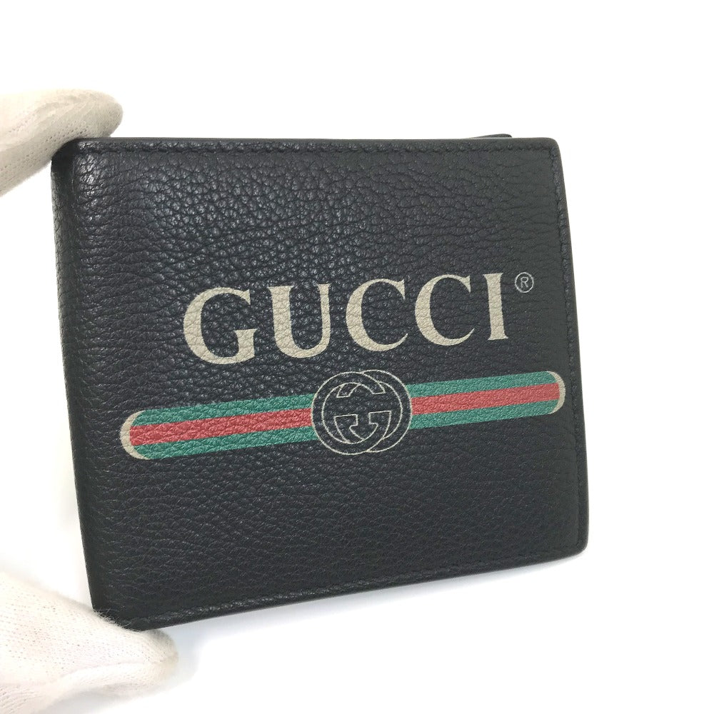 Gucci Folded Wallet 496316 Leather Black Vintage Logo Print Mens