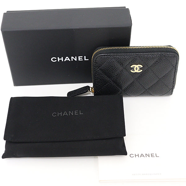 Chanel Coin Case Ap0216 Calfskin, Caviar Skin Black Wallet Classic Zip Coin Purse Women
