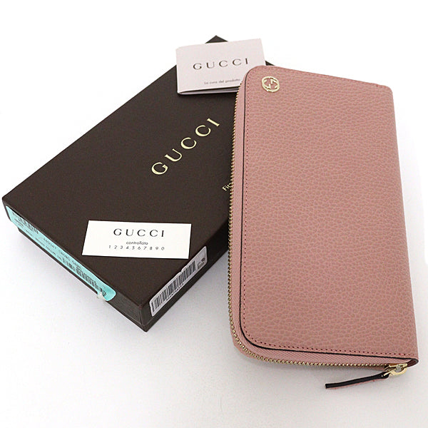 Gucci Long Wallet Purse 449347 Leather Pink Interlocking G Zip Around Wallet Women