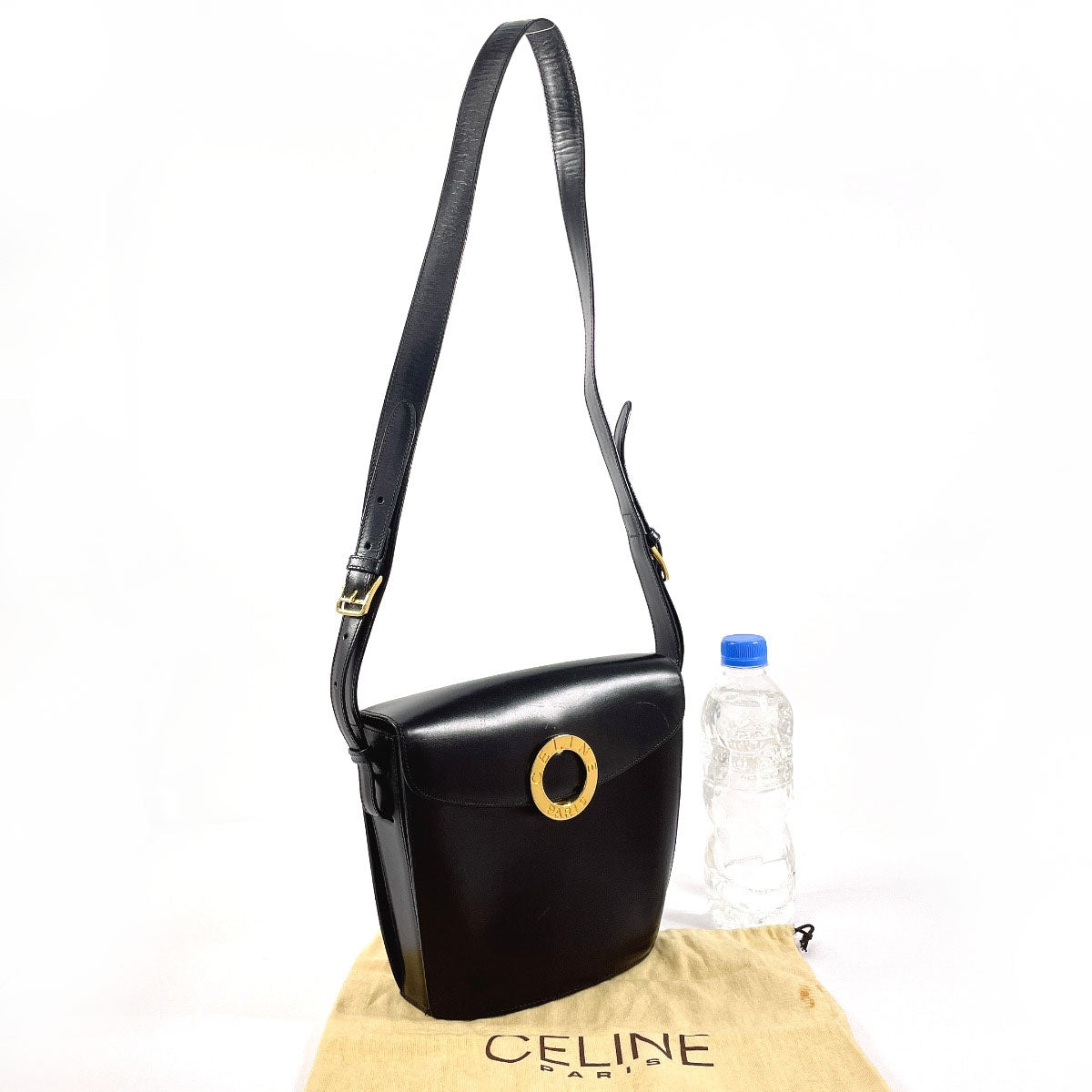 Celine Shoulder Bag Leather Black Vintage Circle Logo