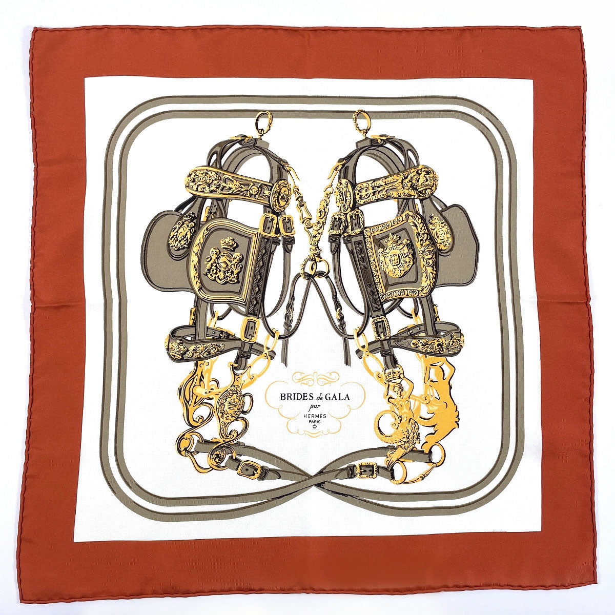 Hermes Scarf 100% Silk Brown Brides De Gara Carre 45 Women