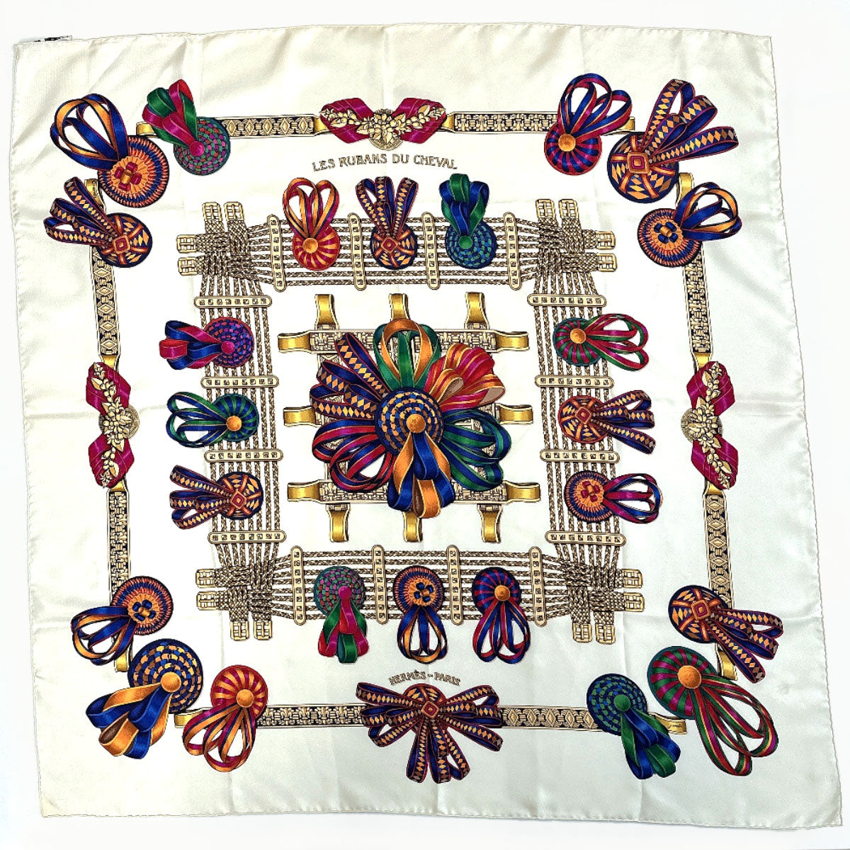 Hermes Scarf Silk, 100% Silk White Les Rubans Du Cheval Horse Ribbon Decoration Carre 90