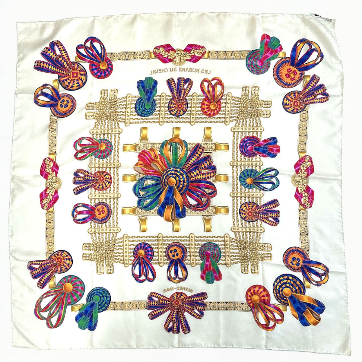 Hermes Scarf Silk, 100% Silk White Les Rubans Du Cheval Horse Ribbon Decoration Carre 90