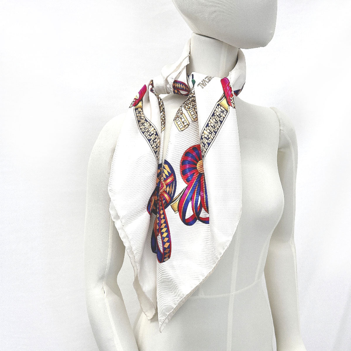 Hermes Scarf Silk, 100% Silk White Les Rubans Du Cheval Horse Ribbon Decoration Carre 90
