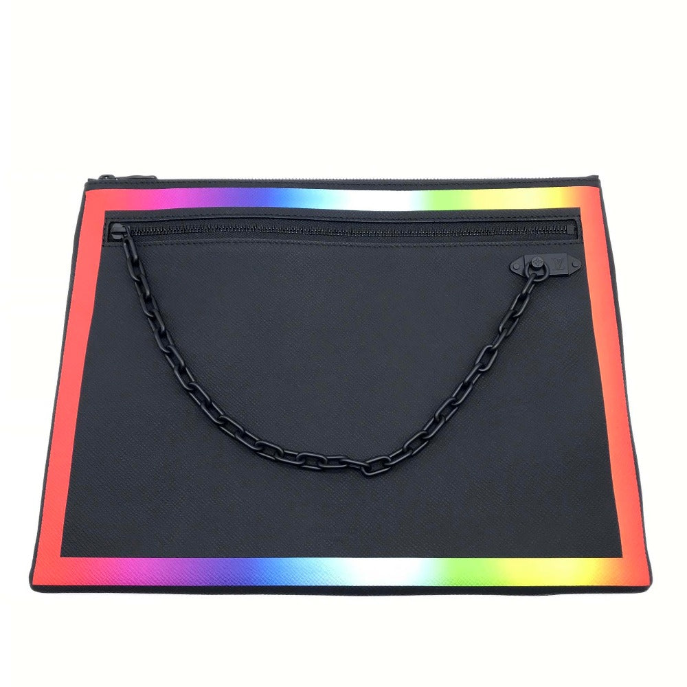 Louis Vuitton Clutch Bag M30347 Taiga Leather Noir X Rainbow Taiga Pochette A4 Chain Mens