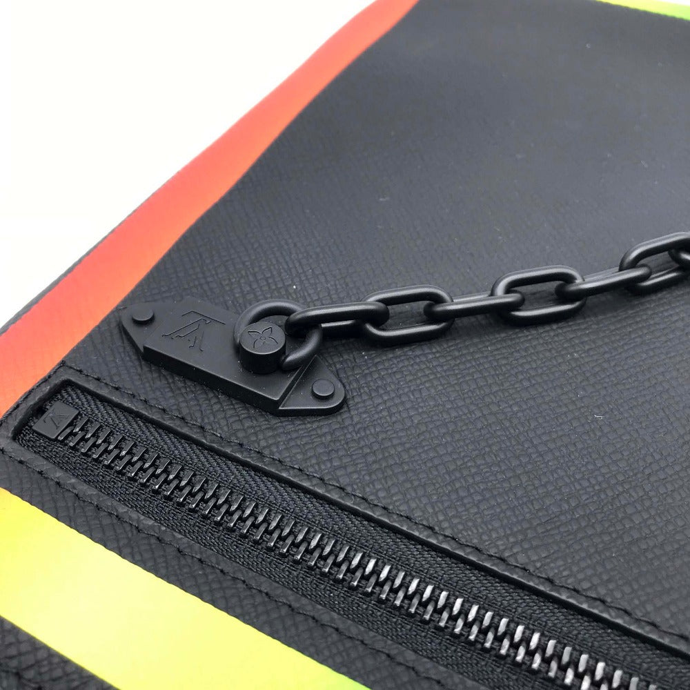 Louis Vuitton Clutch Bag M30347 Taiga Leather Noir X Rainbow Taiga Pochette A4 Chain Mens