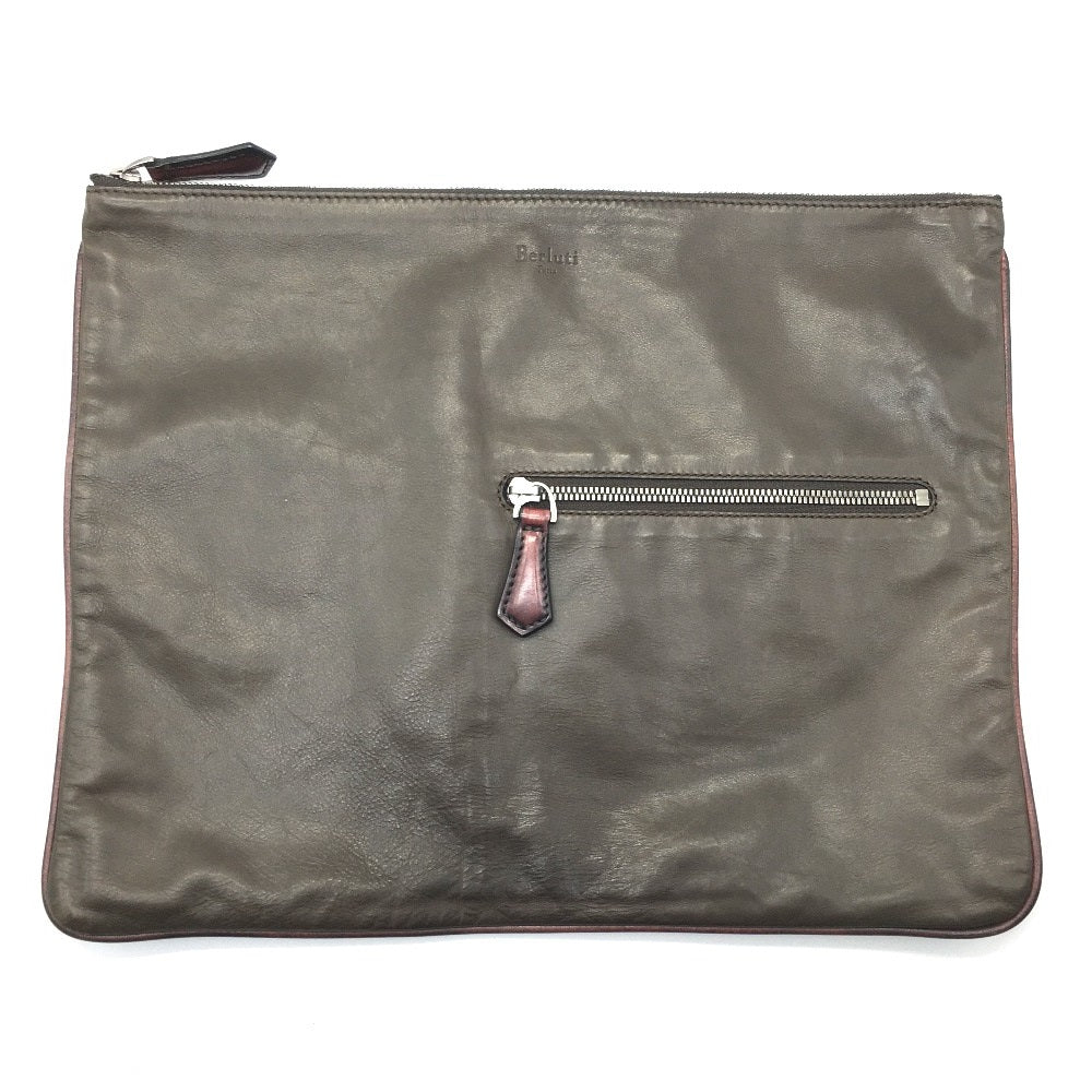 Berluti Clutch Bag Leather Brown Type Calligraphy Inside Mens