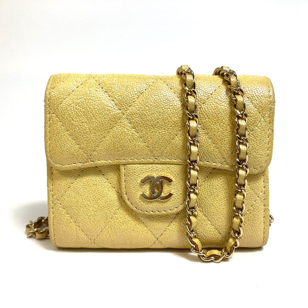 Chanel Coin Case Ap0238 Caviar Skin Metallic Yellow Cccoco Mark Matrasse Women Secondhand