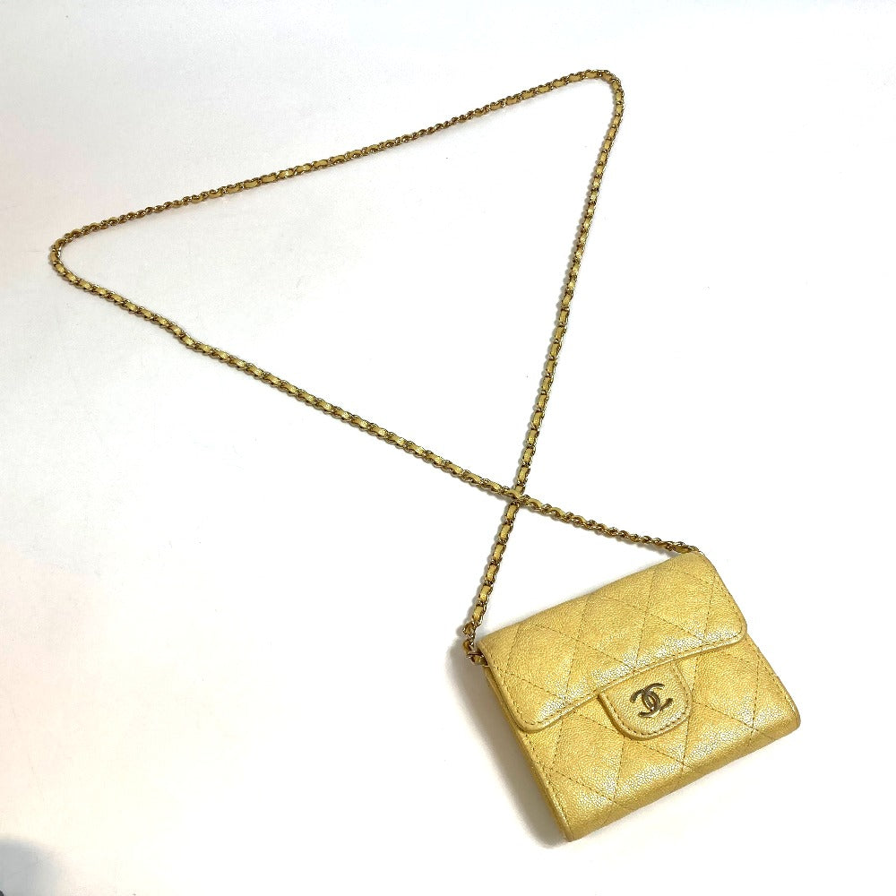 Chanel Coin Case Ap0238 Caviar Skin Metallic Yellow Cccoco Mark Matrasse Women Secondhand