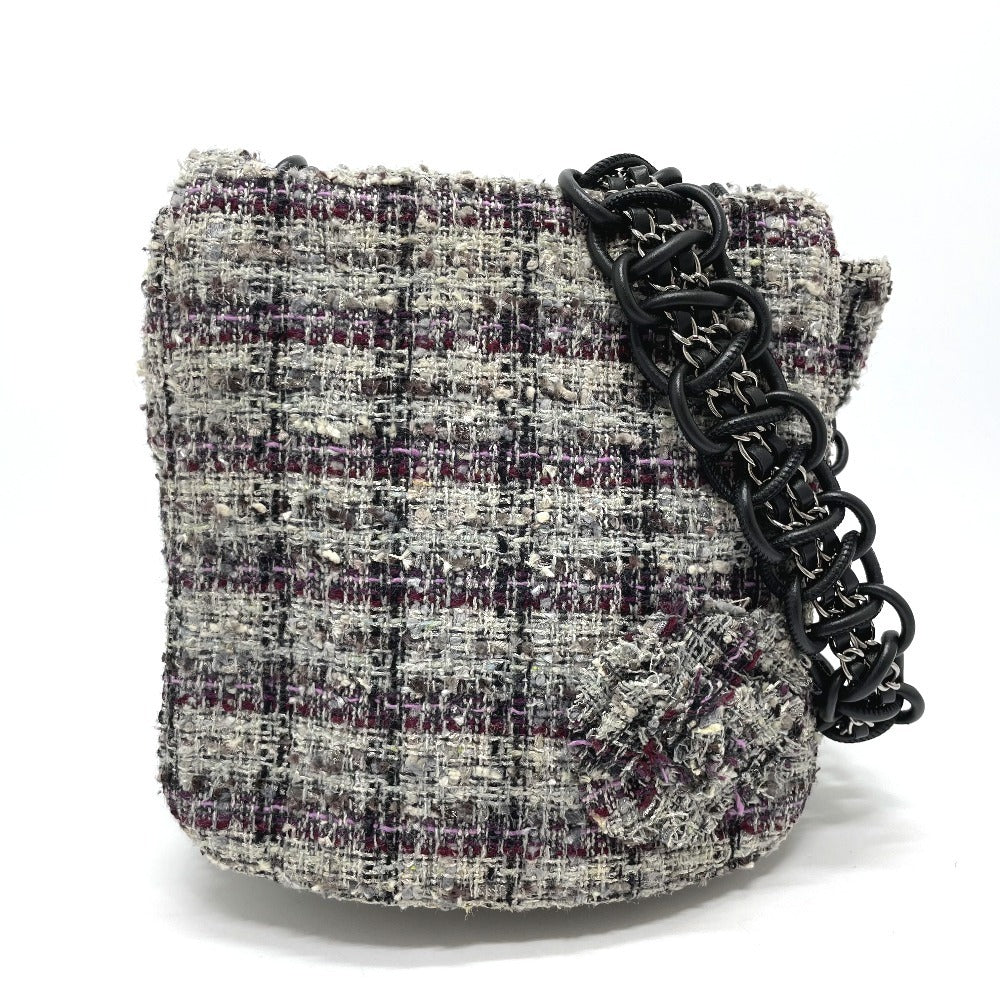 Chanel Shoulder Bag Tweed Gray Camelia Flap Women