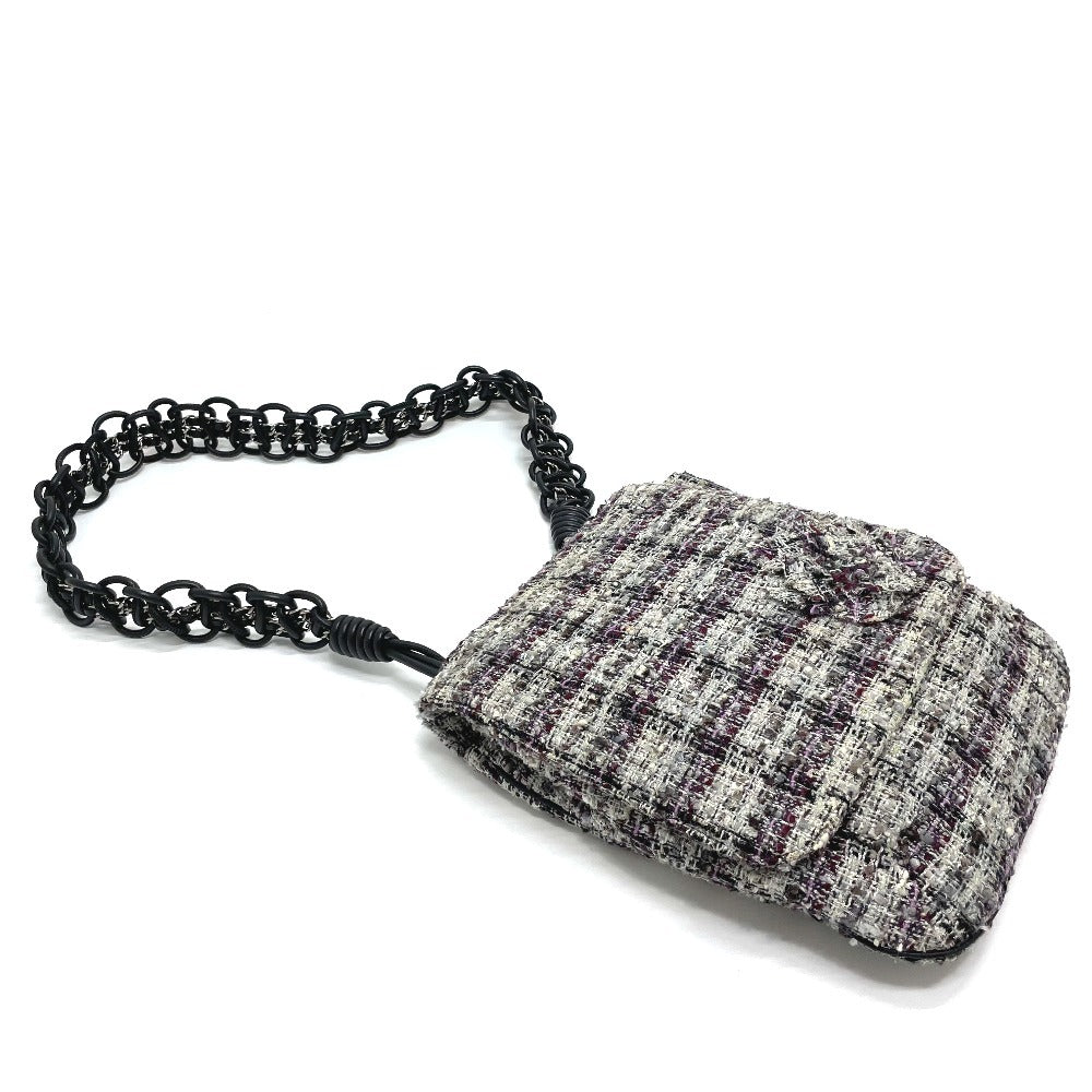 Chanel Shoulder Bag Tweed Gray Camelia Flap Women