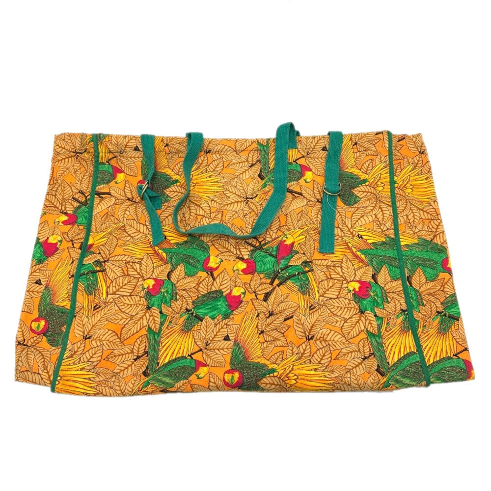 Hermes Tote Bag Canvas Orange Parakeet Bird Pattern Women