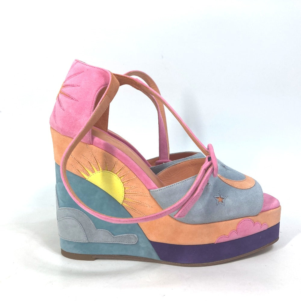 Hermes Sandals Suede Multicolor Shoes Heel Wedge Sole Moon Star Moon Star Women 36