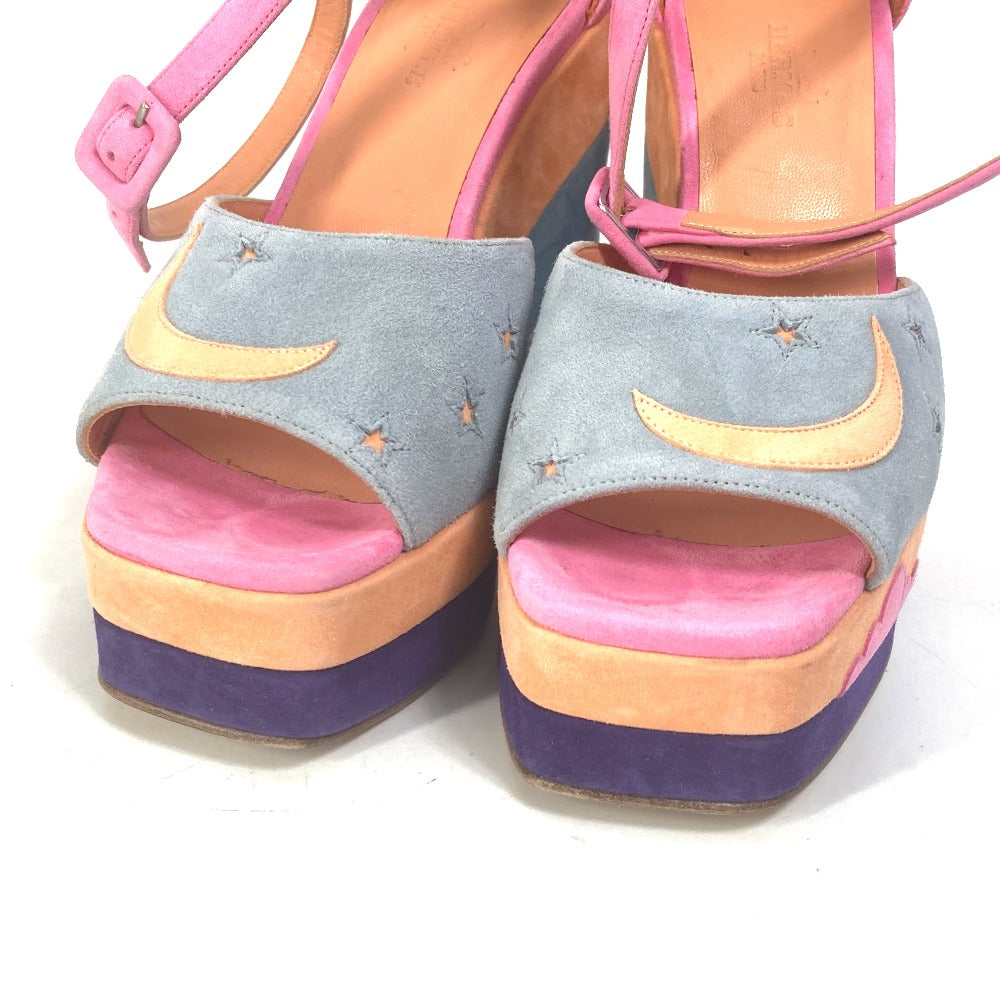 Hermes Sandals Suede Multicolor Shoes Heel Wedge Sole Moon Star Moon Star Women 36