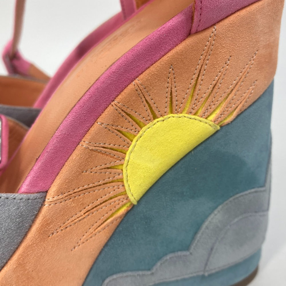 Hermes Sandals Suede Multicolor Shoes Heel Wedge Sole Moon Star Moon Star Women 36
