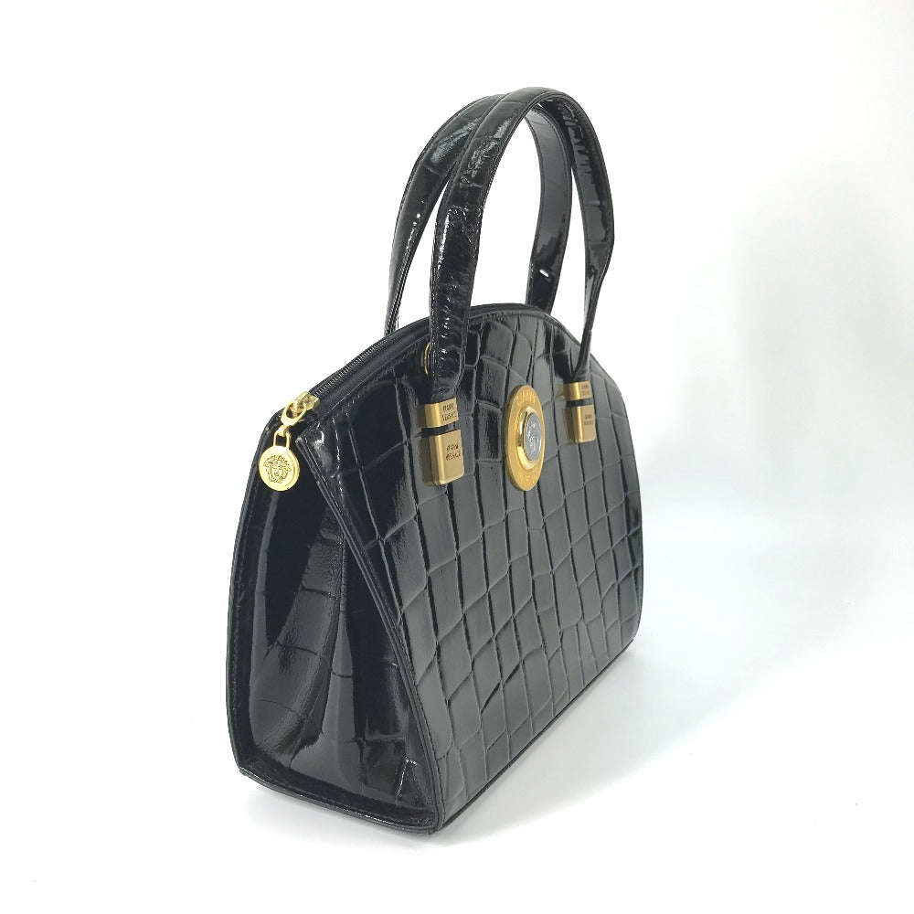 Versace Handbag Leather Black Vintage Embossed Medusa Logo Women
