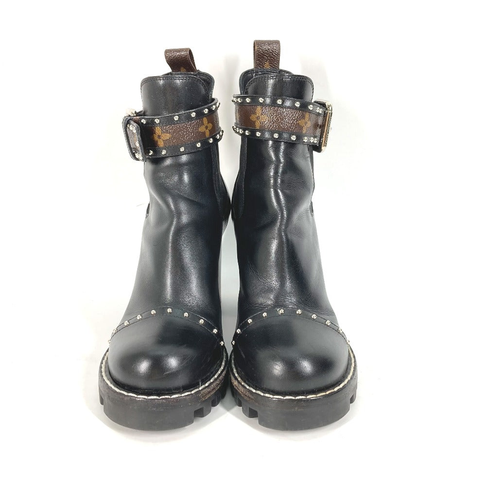 Louis Vuitton Boots Leather Black Monogram Studs Women 37