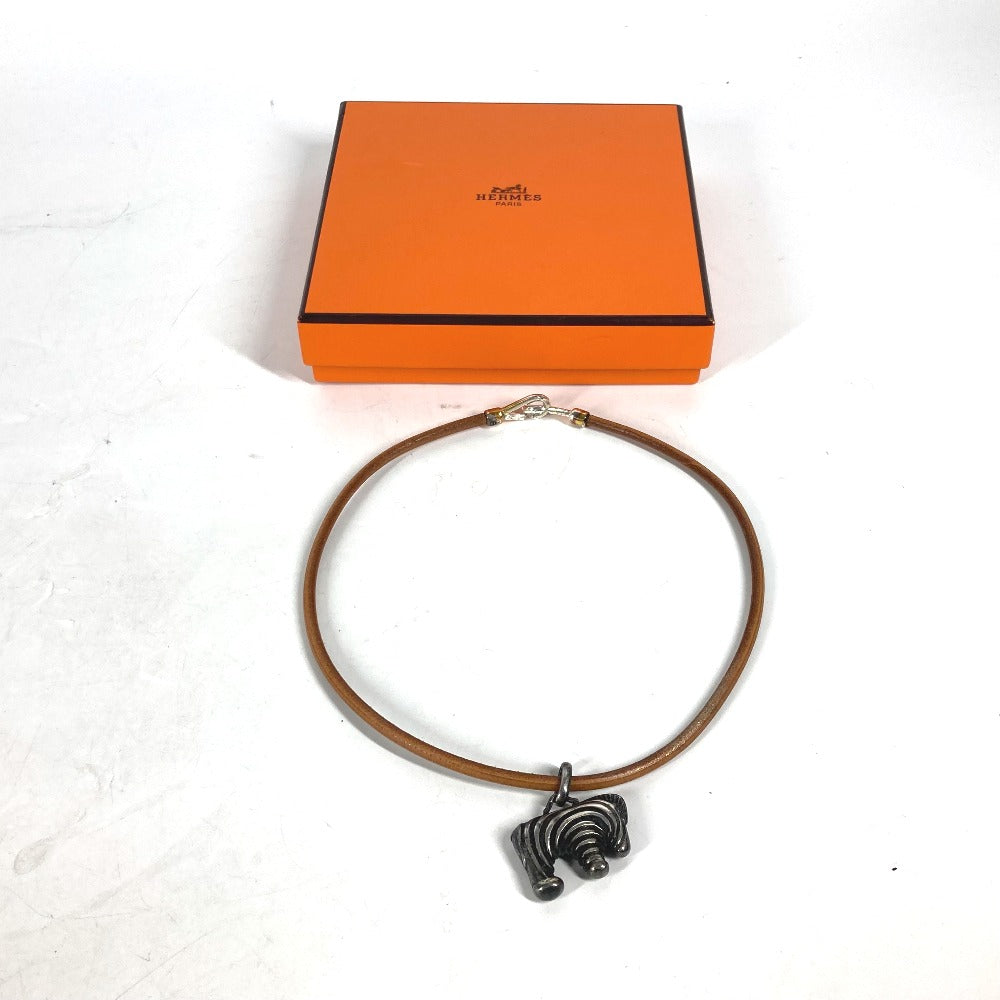 Hermes Necklace Leather Silver Animal Zebra Choker Women