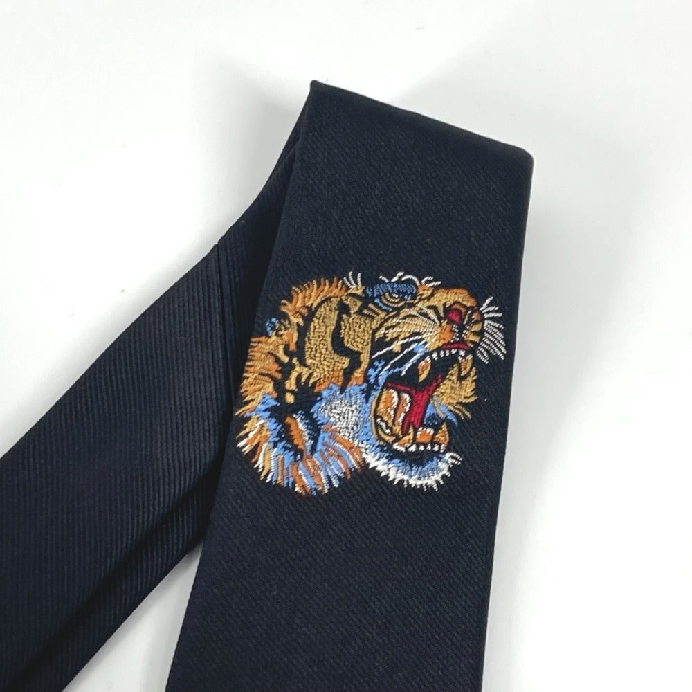 Gucci Tie Silk Black Tiger Embroidery Mens