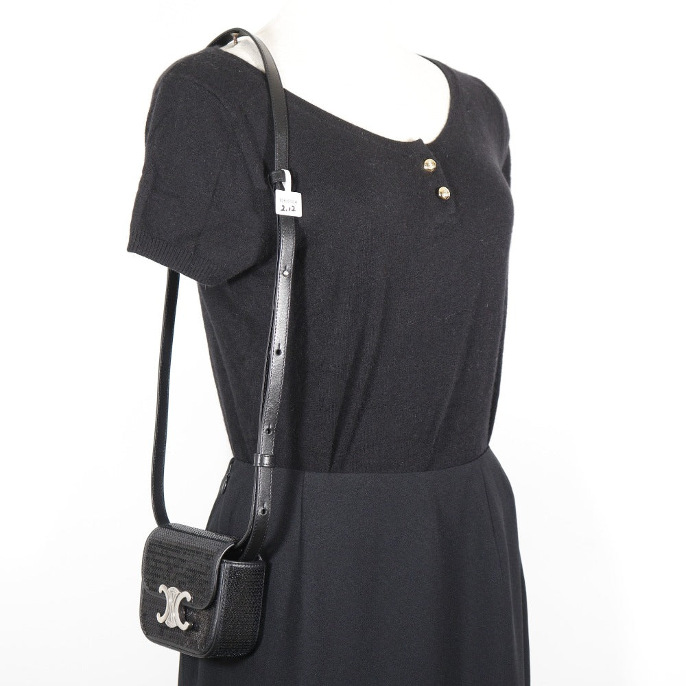 Celine Shoulder Bag Leather, Sequins Black 2-Way Clutch Mini Triomphe Women